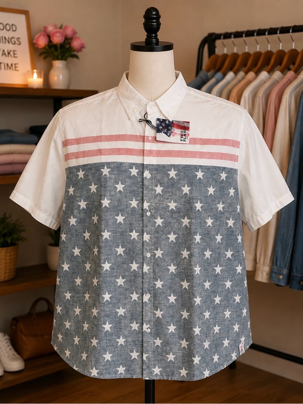 Free Planet Patriotic Short-Sleeve Star Print Button-Down in White and Blue 2X